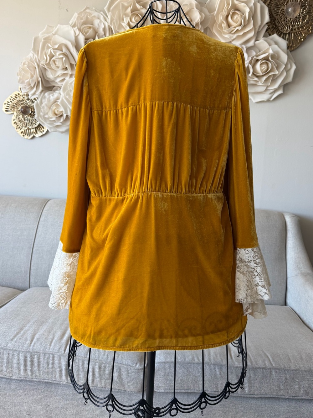 Free People Mustard Velvet Tunic with Cranberry & Green Embroidered V-Neck - Picture 6 of 7